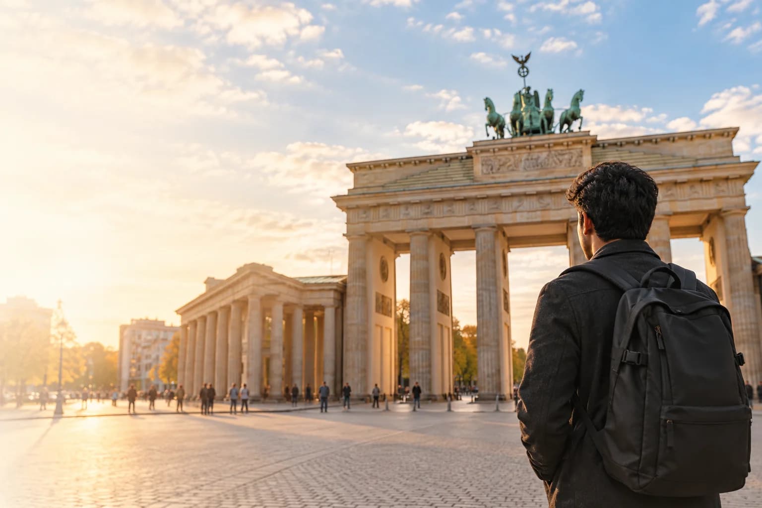 A student with a backpack looking toward Berlin’s Brandenburg Gate